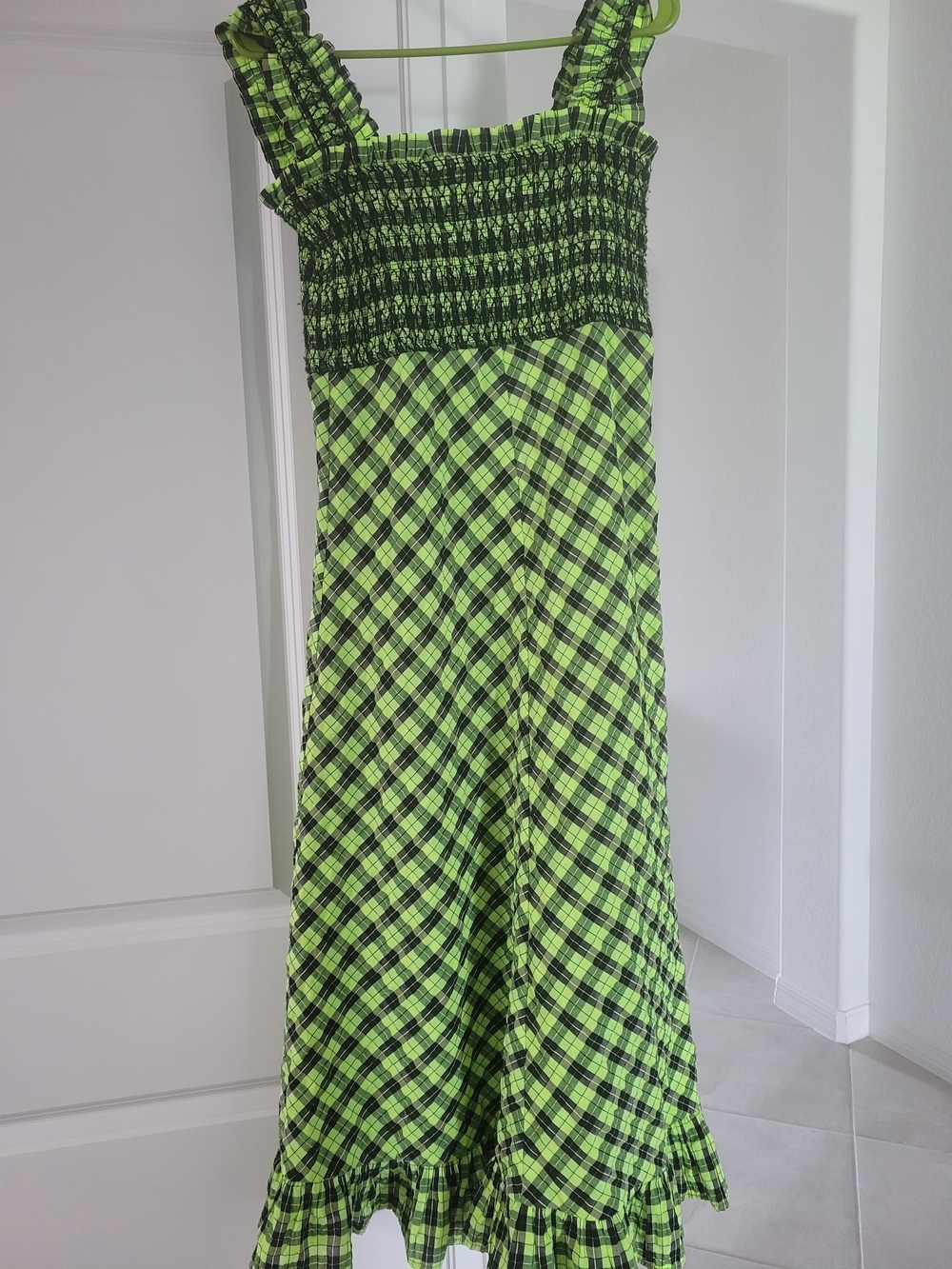 Ganni Neon Green and Black Plaid Smocked Maxi Dress - Picture 3 of 7